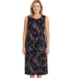 Vikki Vi Black Purple Floral Travel Knit Midi Dress L Sleeveless